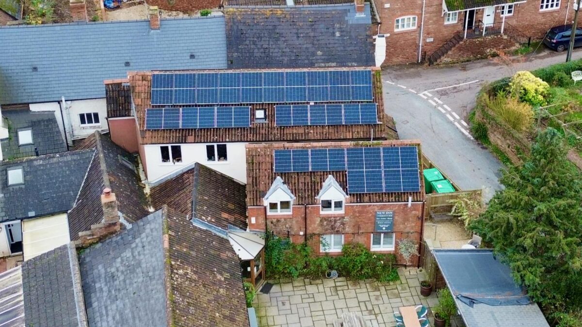 An aerial photo of solar panels on a pub