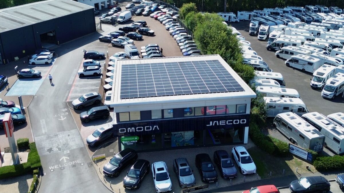 Solar panels on a car dealership roof
